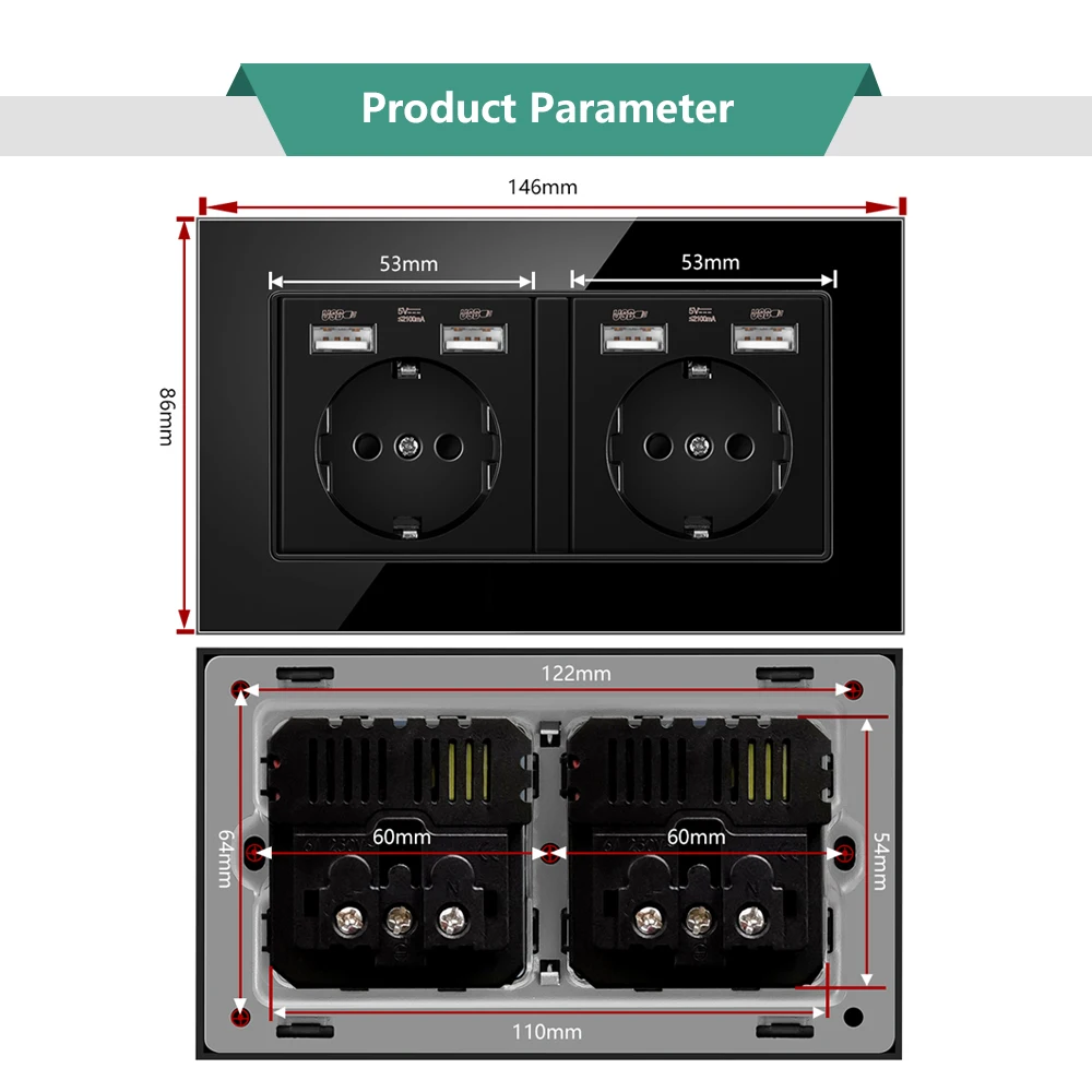 Двойной USB настенная розетка с украшением в виде кристаллов Стекло Панель 16A