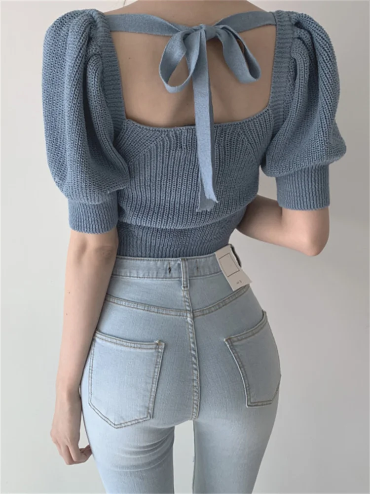 Mafokuwz шикарные вязаные топы рубашки с квадратным воротником пышными рукавами