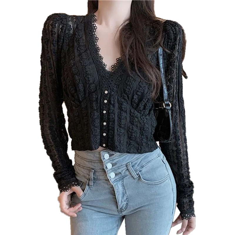 

French Hollow Out Lace Tops, Spring Autumn V Neck Sexy See Through Short T-Shirts, Fashion Long Sleeve Women Clothing