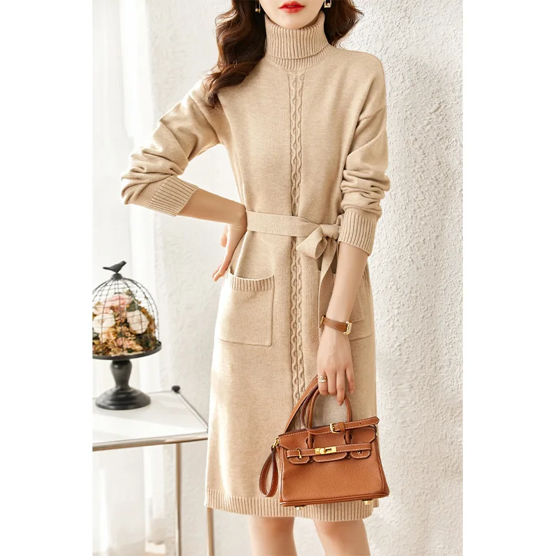 

Vimly Winter Knitted Dresses with Belt Warm Long Sleeve Turtleneck Sweater Dress for Women 2022 Korean Style Clothes 71253