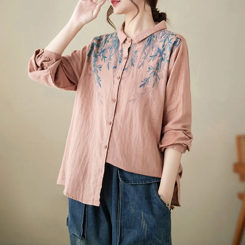 Блузка женская однобортная свободного кроя рубашка из хлопка и льна с винтажным