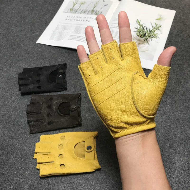 

Fitness men's shpskin Half Finger Gloves Black Yellow coff riding motorcycle Fingerless comfortable non slip drskin gloves