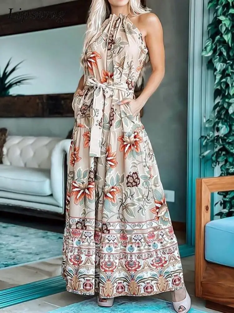 

Summer Casual Loose Boho Maxi Dress Women Sexy Halter Off Shoulder Beach Long Dress Elegant Floral Print Sleeveless Party Dress