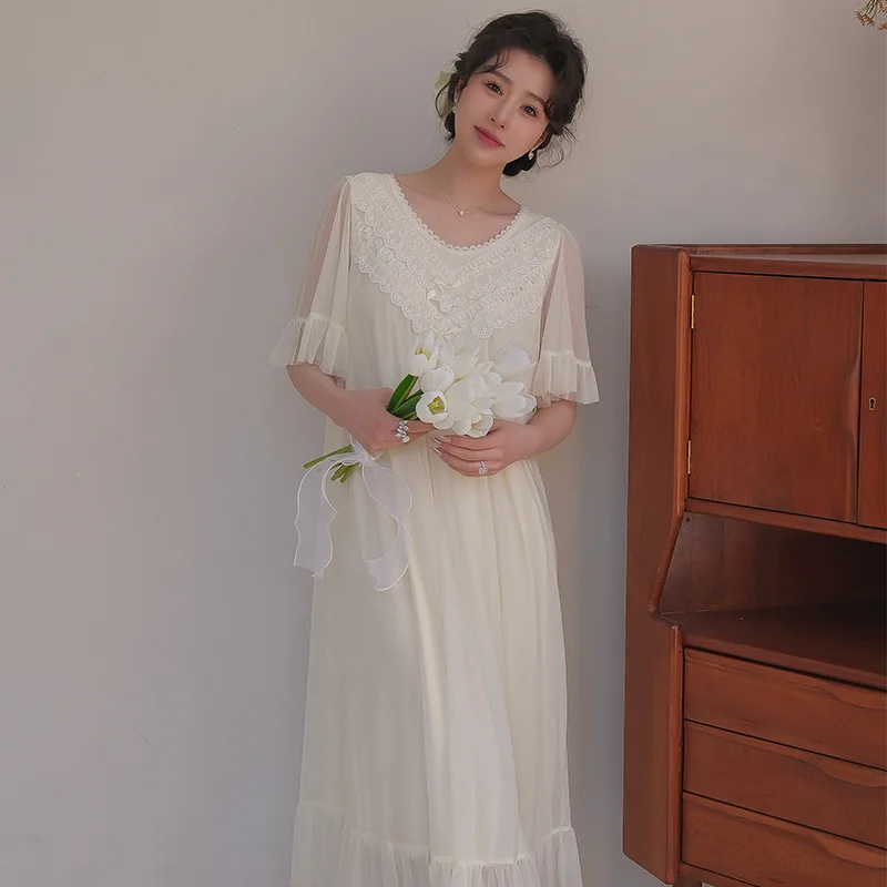 

Женская Длинная Ночная рубашка во французском дворцовом стиле, тонкая сетчатая ночная рубашка из модала с короткими рукавами, милая Домашняя одежда принцессы