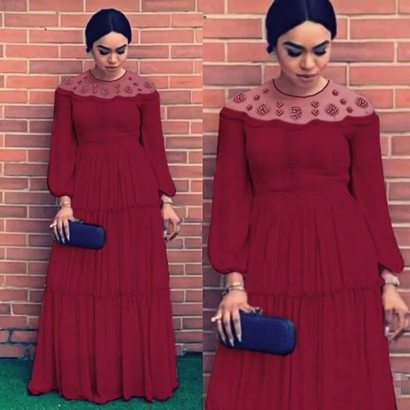 

Spring Muslim Modest Dress Chiffon Women Pleated Pearl Lantern Sleeves Long Robe 2023 New Elegant Islam Clothing Eid Dubai Abaya