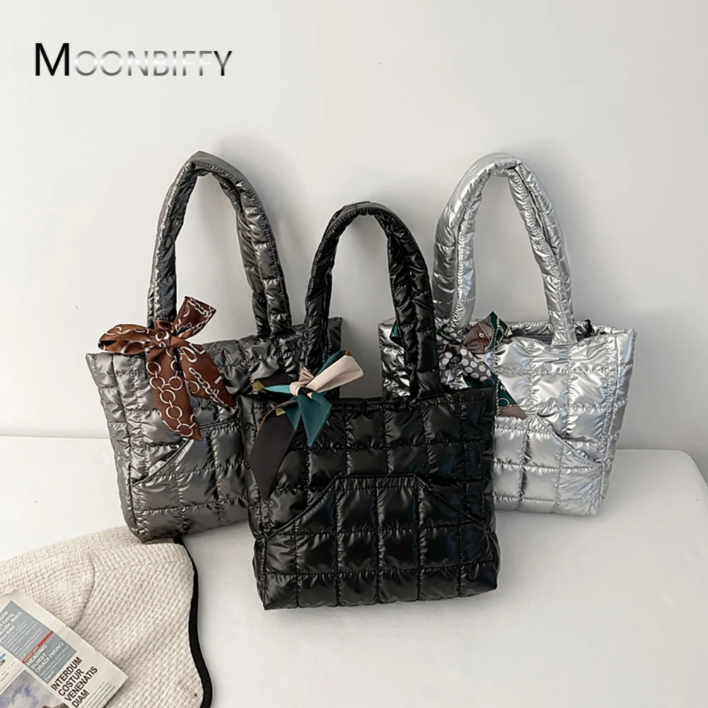 

Quilted Women's Bag Feather Down Top-handle Bag with Bow Lady Pure Color Lattice Underarm Bags Autumn Winter Tote Handbags