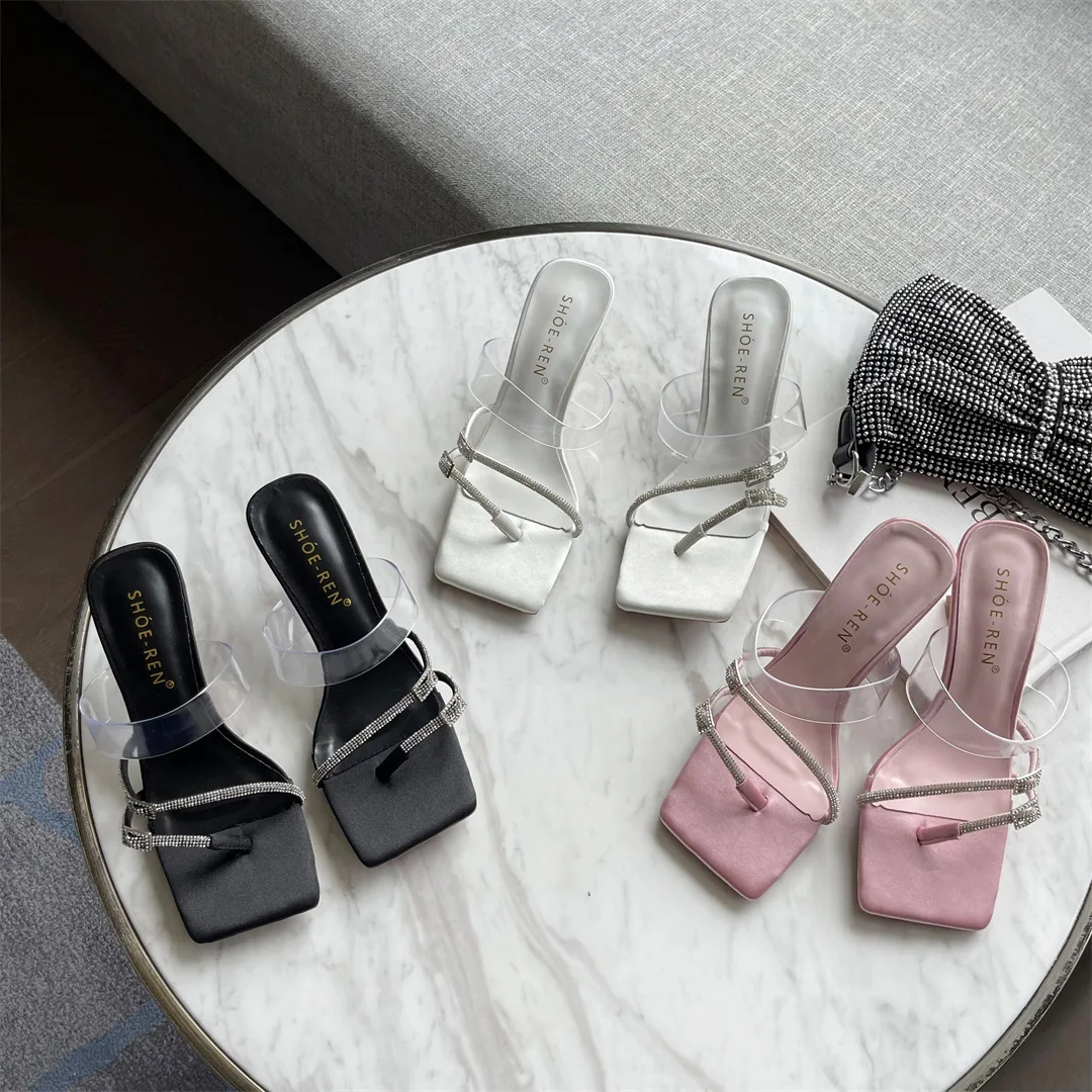 

Сланцы женские прозрачные, прорезиненные шлепанцы с перекрестной шнуровкой, квадратный носок, на среднем каблуке, блестящие, 2023 ПЗУ, летняя ...