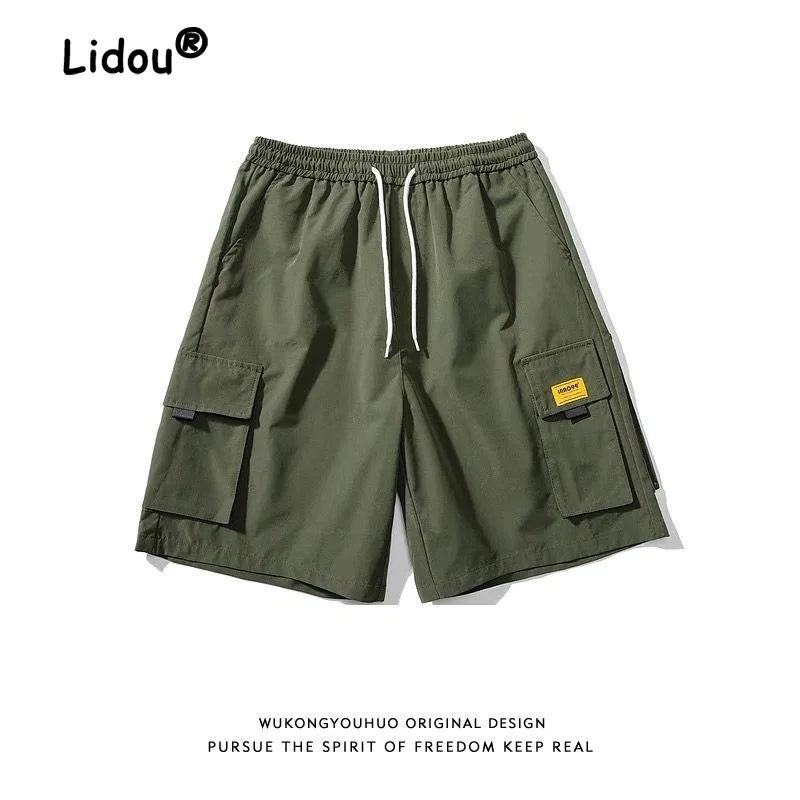 Tide Men's Multiple Pockets Pasting Cloth Cargo Shorts New Waist Drawcord Loose Street Casual Youth Solid Color Male Short