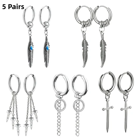 5/10 пар круглых черных мужских серег-кольцев из нержавеющей стали в стиле панк с крестом в виде листьев для пирсинга для женщин, ювелирные изделия для ушей, тренд, новинка