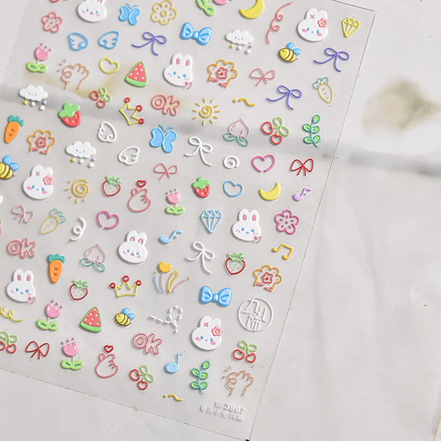 Милые Мультяшные наклейки для ногтей с маленьким кроликом и пузырьками в виде