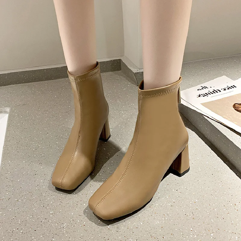 New Winter Women's Boots Square Toe Solid Pu Leather Fashion Ankle Shoe Ladies Block Heels Party Women Ankle Boot Plus Size 43