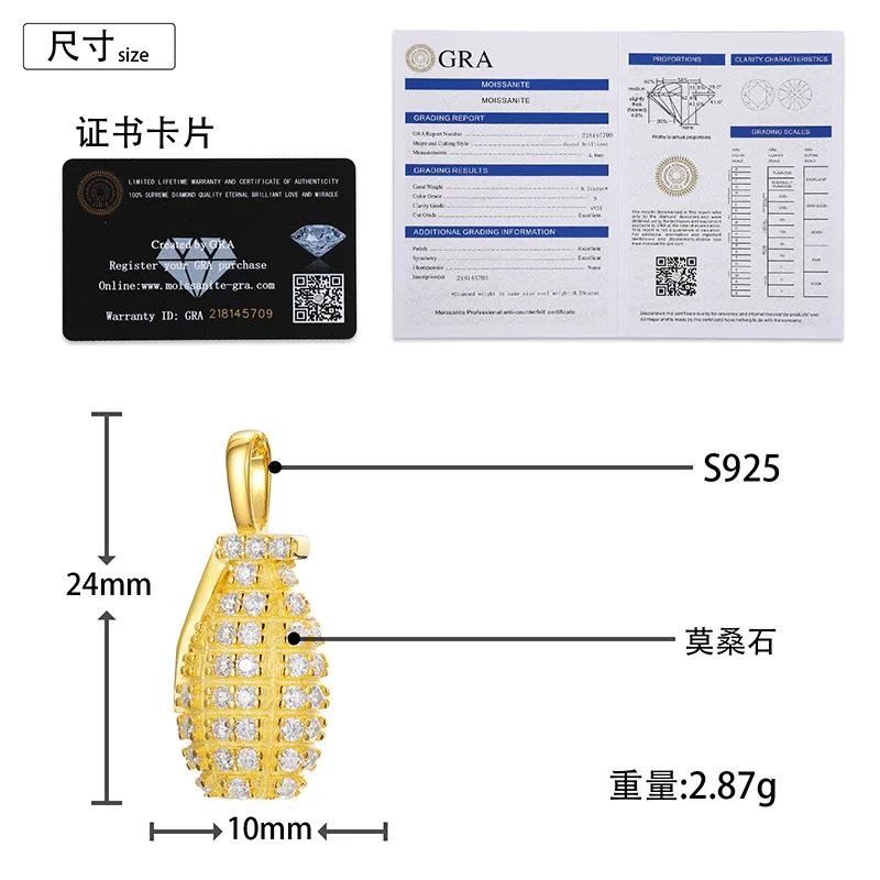 Grenade Moissanite Necklaces for Women S925 Silver Pendant Men Hip Hop Jewelry Pass Diamonds Tester With GRA Free Ship