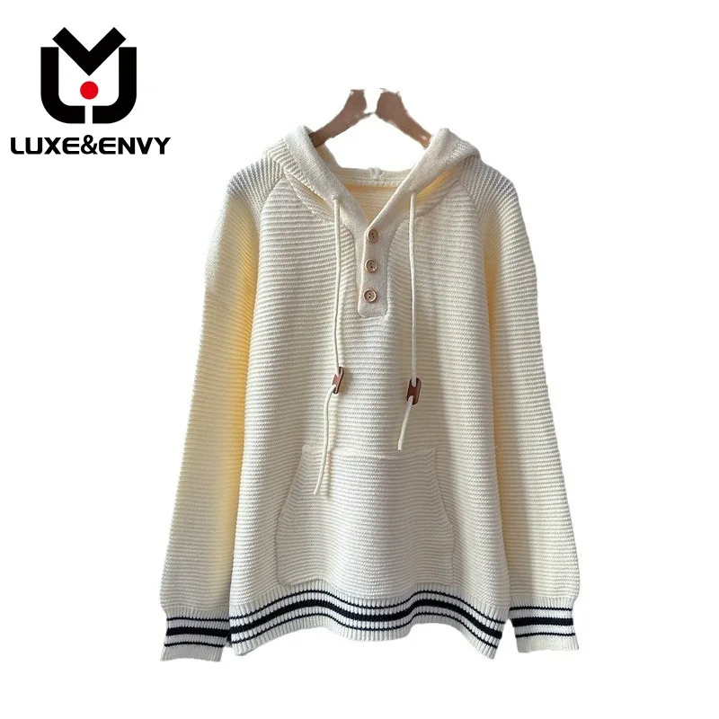 

LUXE&ENVY East Gate Korean Edition Contrast Color Temperament Sweet Hooded Reduced Age Loose Pullover Versatile 2023 Winter
