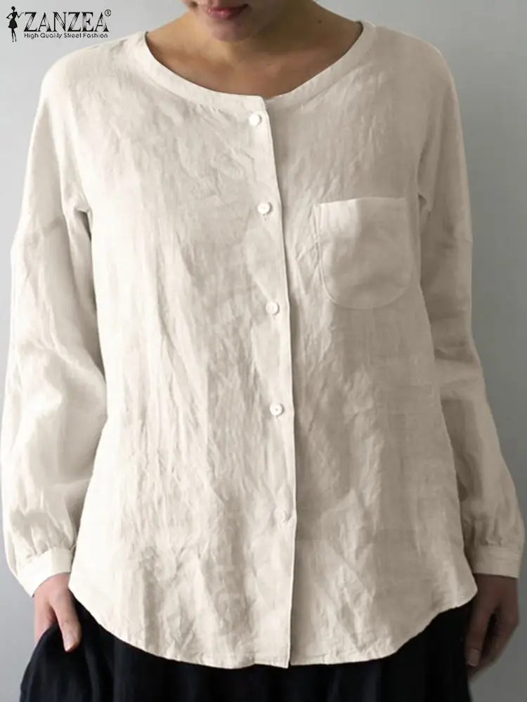 

ZANZEA Fashion OL Shirt Full Sleeve O-Neck Pure Cotton Blouse Female Solid Front Pockets Shirts Casual Elegant Tops Oversized