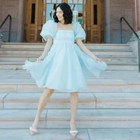 eeqasn simple light blue midi prom dresses short sleeve organza knee length prom gowns square collar simple wedding party dress