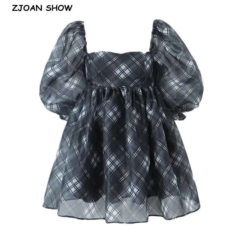 

2023 Sweet Black Gray Gingham Plaid Organza Ball Gown Dress Puff Sleeve Retro Fairy Women Swing Short Princess Cake Robe