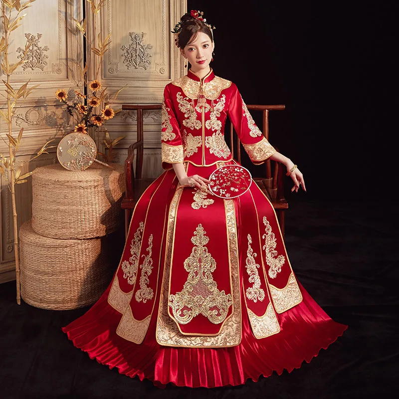 Bride Ancient Rhinestone Wedding Dress Costume Chinese Style Red Embroidery Tang Suit Toast Clothing