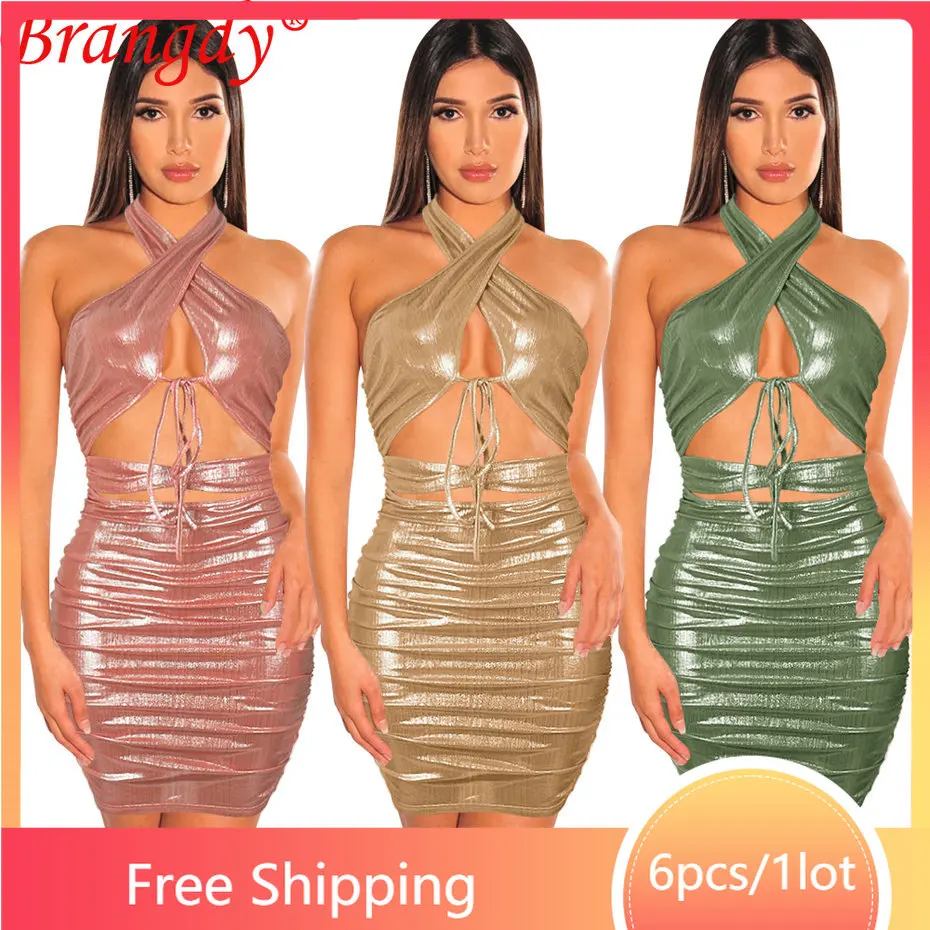 

6 шт., оптовая продажа платьев для женщин, лето 2023, яркая шелковая блестящая Клубная одежда Y2k, облегающая женская одежда B10931