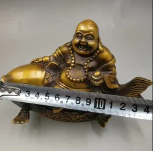 6 дюймов Тибет Медь Латунь Животное Богатство Рыба удачи Майтрейя Будда