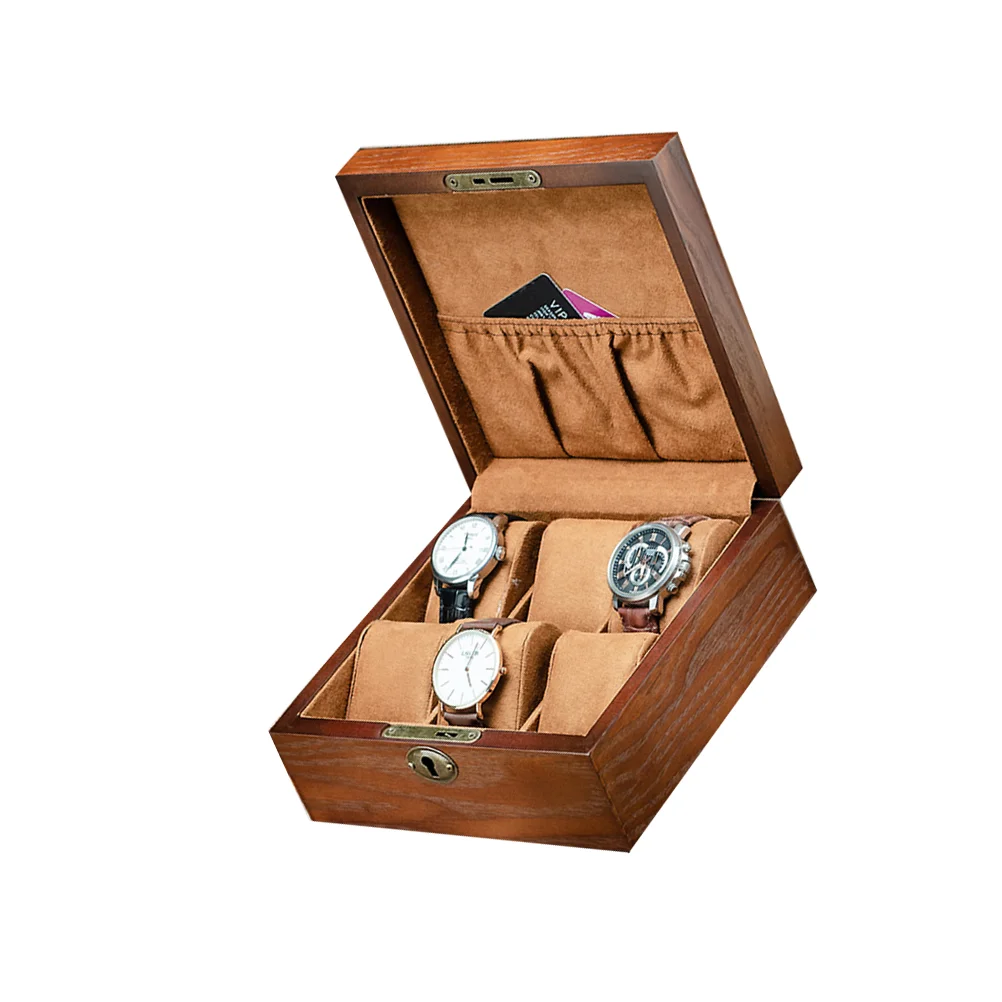 

6 Slots Wooden Watch Storage Box with Lock Storage Case Watch Display Case Wrist Watch Holder for Home Shop (Brown, Square)