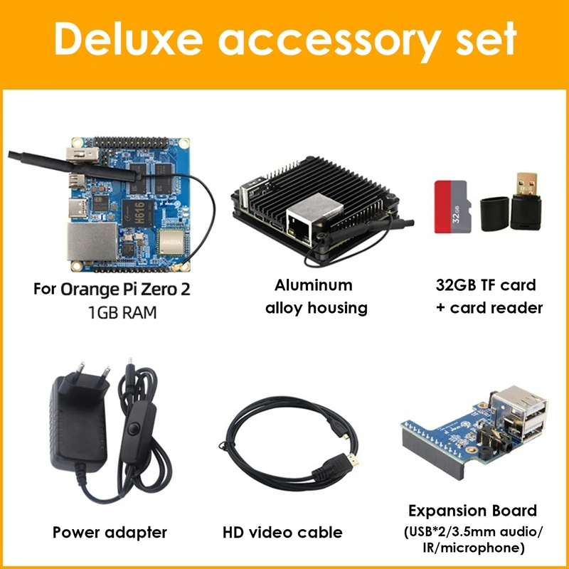 

Комплект макетной платы для Orange Pi Zero 2 + расширяющаяся плата + корпус + HD-кабель + TF-карта 32 ГБ + кардридер + адаптер питания
