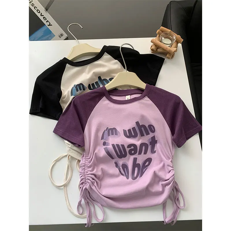 

Hotsweet Contrast Color Letter Shirring Summer Y2k O-Neck Camisetas Women Raglan Sleeve Tees Short Slim Waist Drawstring Tshirt