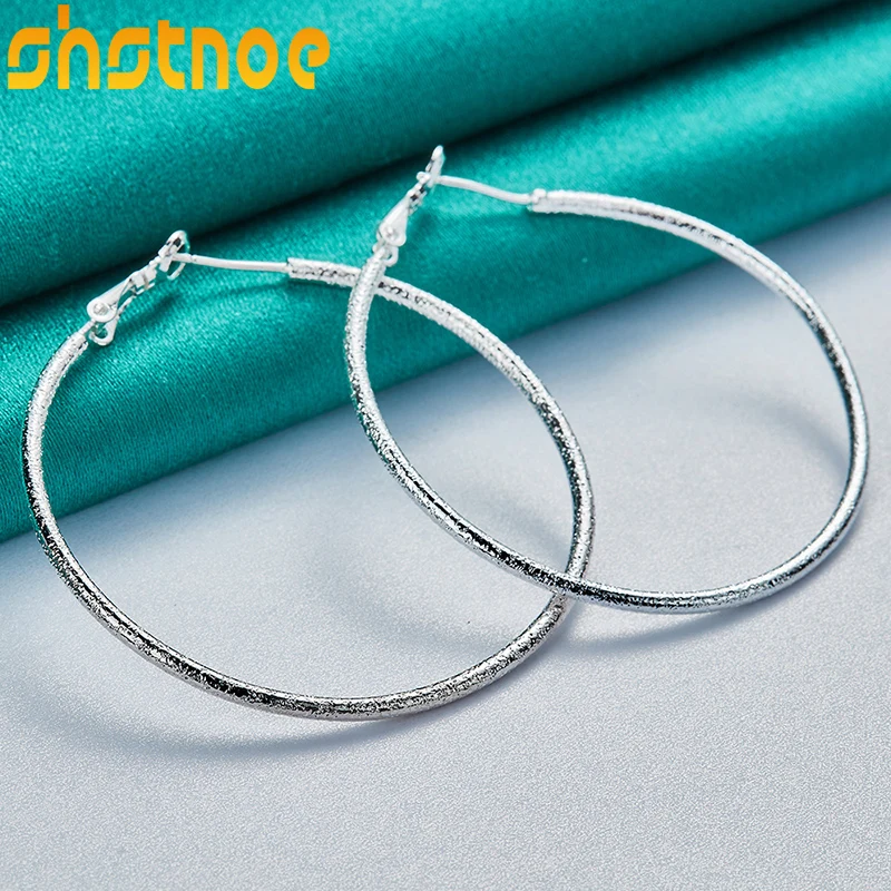 

925 Sterling Silver 50mm Round Frosted Matte Hoop Earrings For Women Party Engagement Wedding Gift Charm Fashion Jewelry