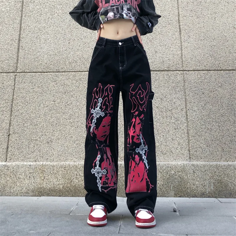 2022 Men's and Women's Personality Hip Hop Yuansuo Style American Retro Dark Portrait Printed Washed Couple Jeans