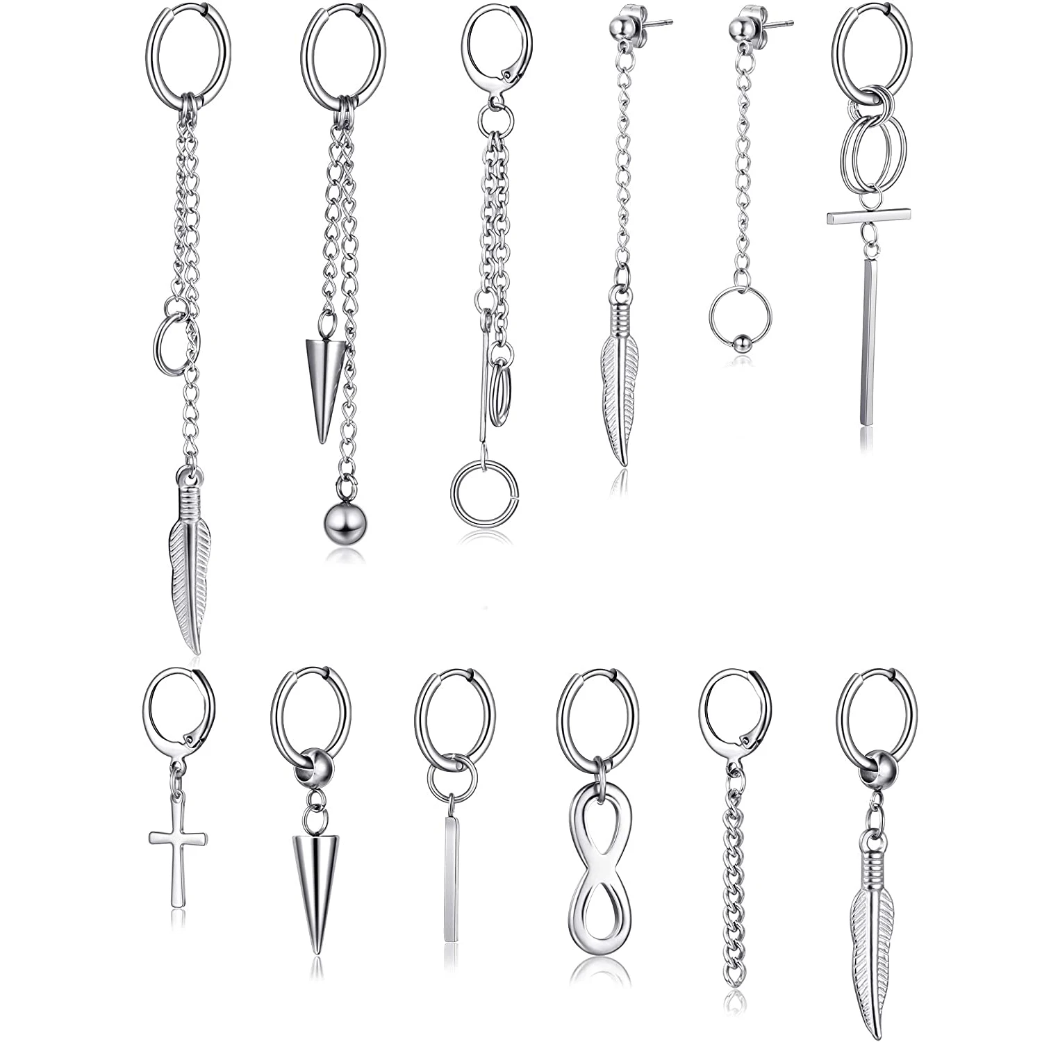 

12Pcs/Lot Korean Kpop Earring Feather Cross Drop Dangle Earrings For Men Women Geometric Punk Stainless Steel Hoop Earing Tassel