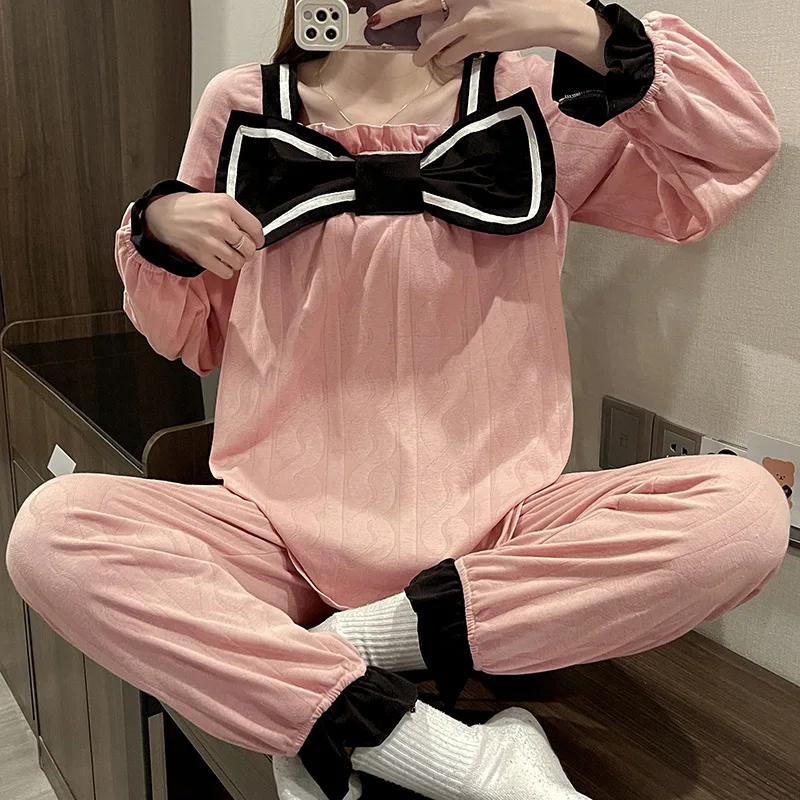 

Pajamas Women's Spring And Autumn Long-sleeved Jacquard Korean Bowknot Sweet Girl Princess Style Home Service Suit Sleepwear