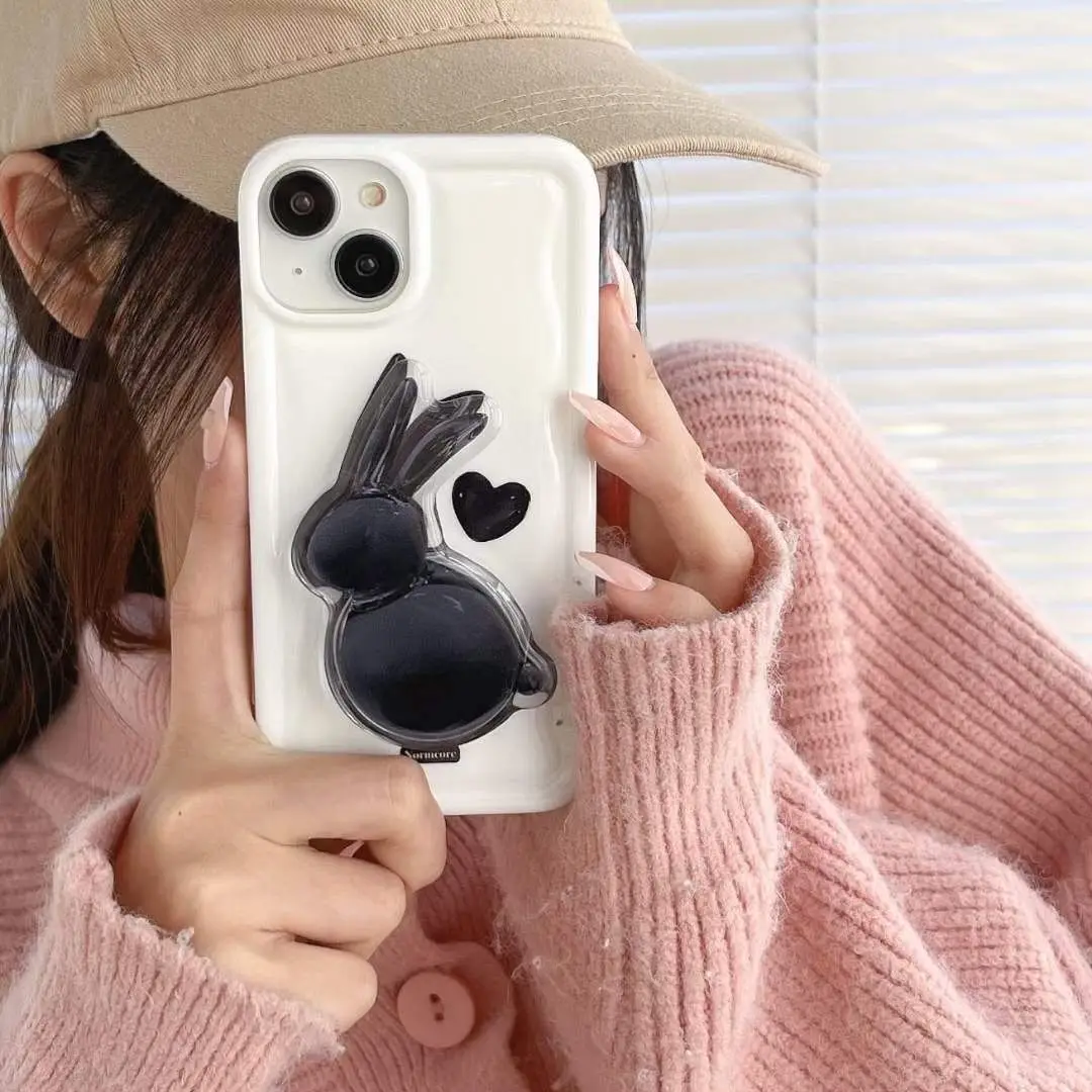 

Sweet Cool Black Rabbit+Bracket Phone Case For iphone 14 13 12 11 Pro Max X XR XSMAX 7 8 Plus SE TPU Case Cover new products