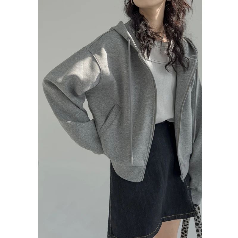 

Women's Clothes Grey Sweatshirt Short Outerwear Fashion High Street Vintage Leisure Winter Long Sleeve Hooded Cardigan Coat