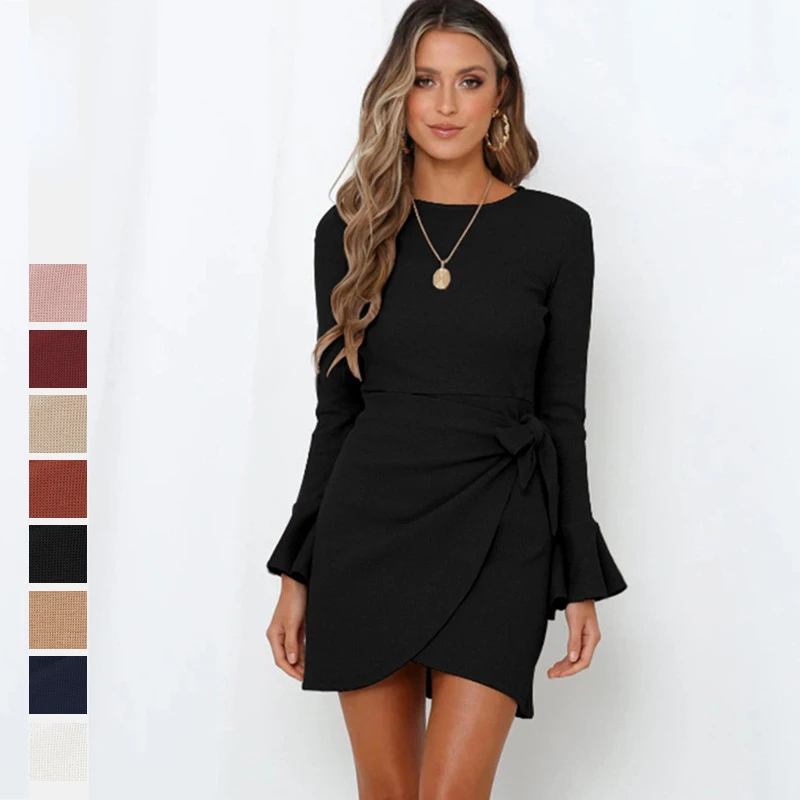 

Women's New Fashion Spring and Autumn Party Knitted Casual Small Trumpet Ruffles Long Sleeves Slim Bow Temperament Senior Dress