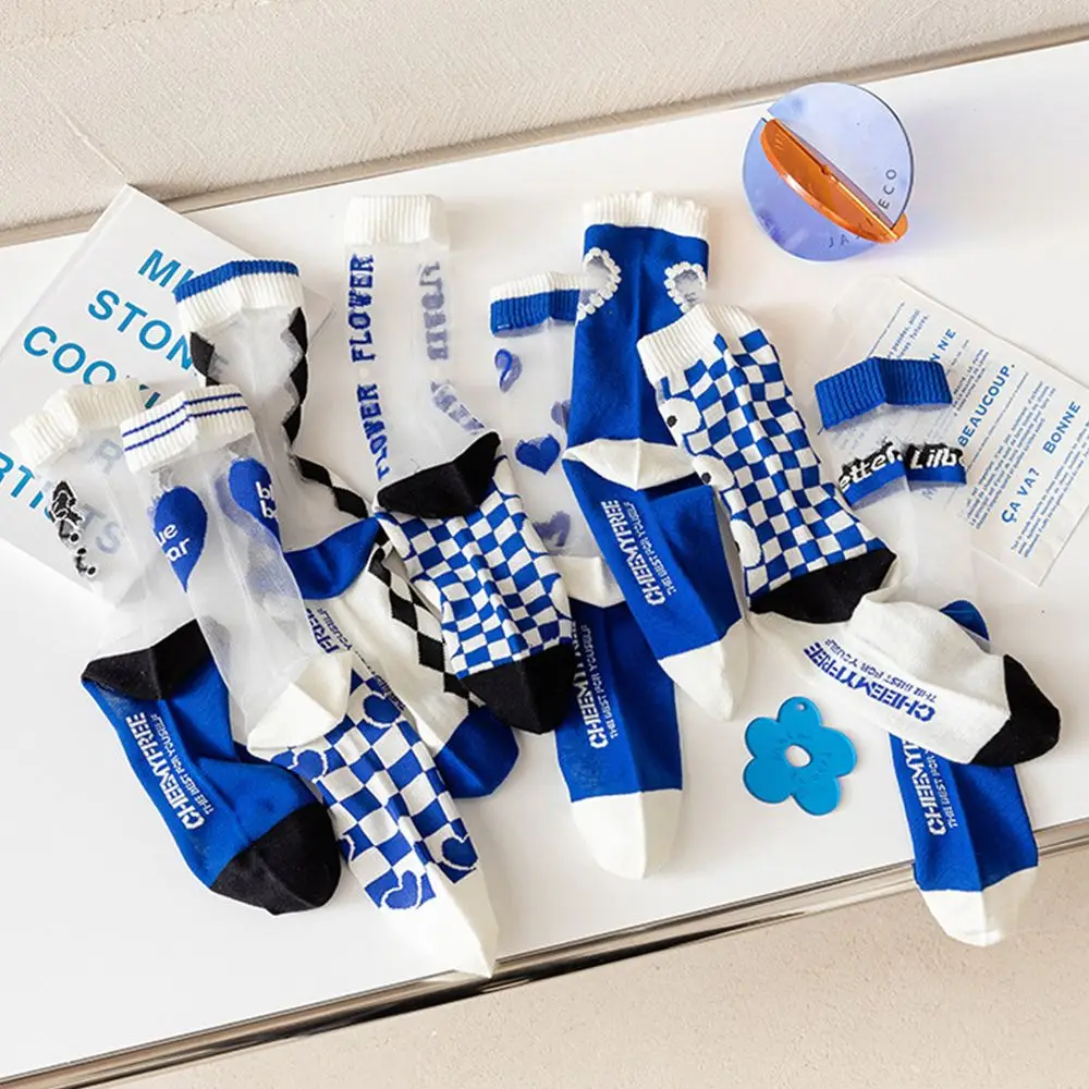 

Чулочные изделия в клетку с цветочным принтом из мультфильмов, голубые модные дизайнерские прозрачные носки средней длины, тонкие стеклянн...