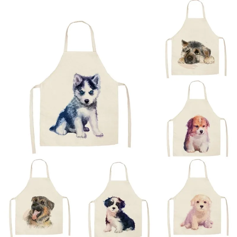 

1Pcs Kitchen Apron Cute Dog Printed Sleeveless Cotton Linen Aprons for Men Women Home Cleaning Tools 68x55cm / 47x38cm