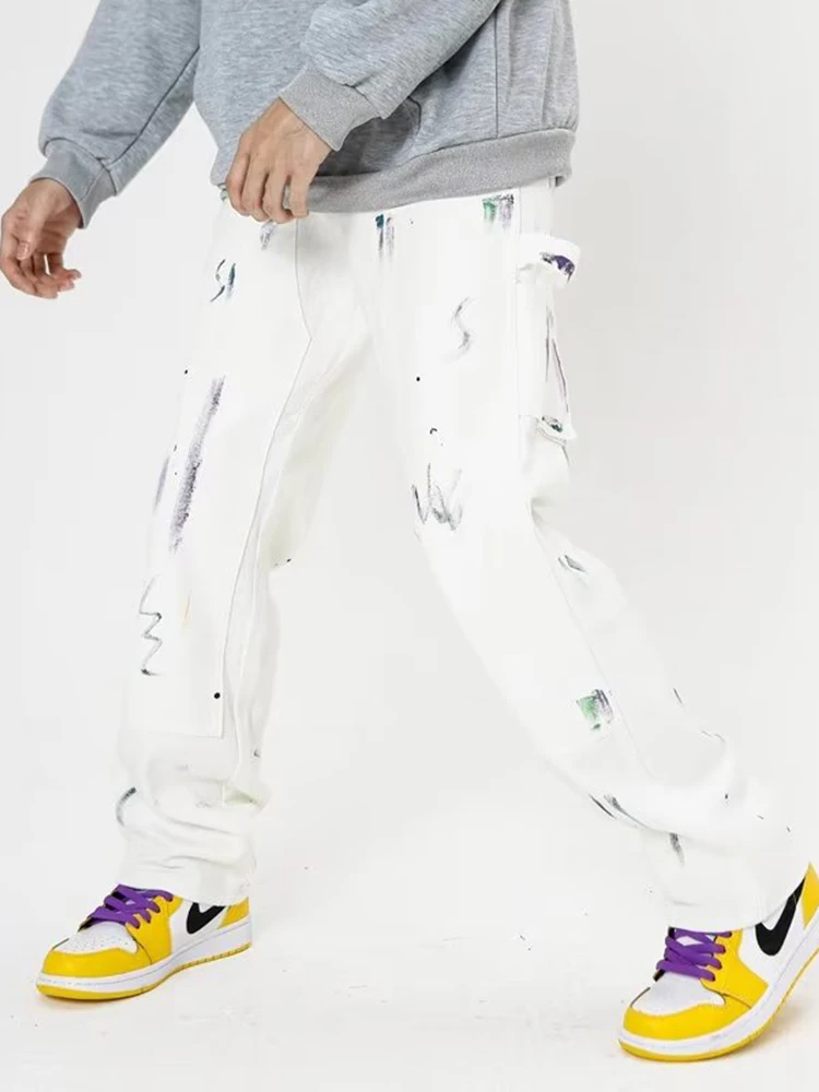 Irregular Ink Splashing Complete Printing Men's Casual Jeans Street Clothing Fashion Pants Pants Pants Straight Legs White Denim