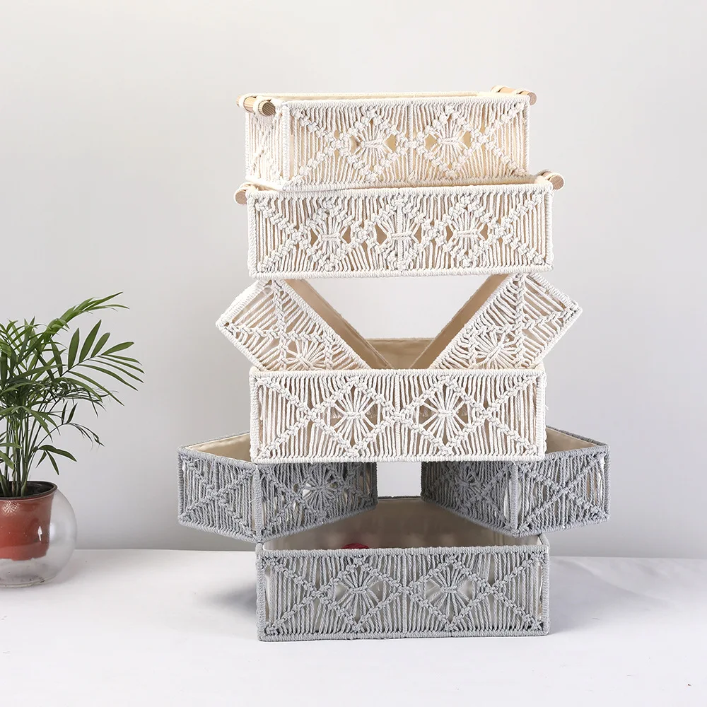 

Organizer Bin Rectangle Box Storage Woven Photography Decor Basket Cosmetic Macrame Rope Sundries Handwork Cotton Home Prop