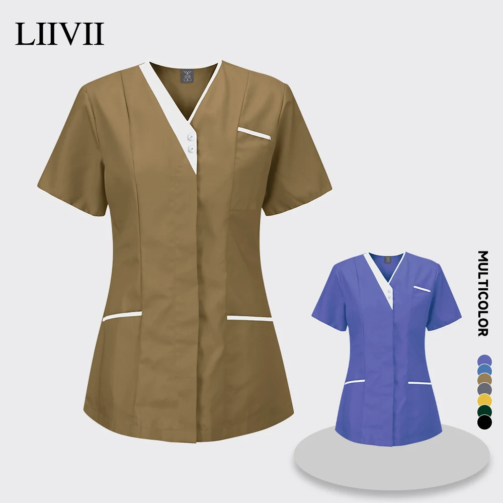 

Solid Simple Scrubs Tops Short Sleeve Pet Grooming Uniforms Button V Neck Pocket Casual Blouse Veterinaria Care Workers Tshirt