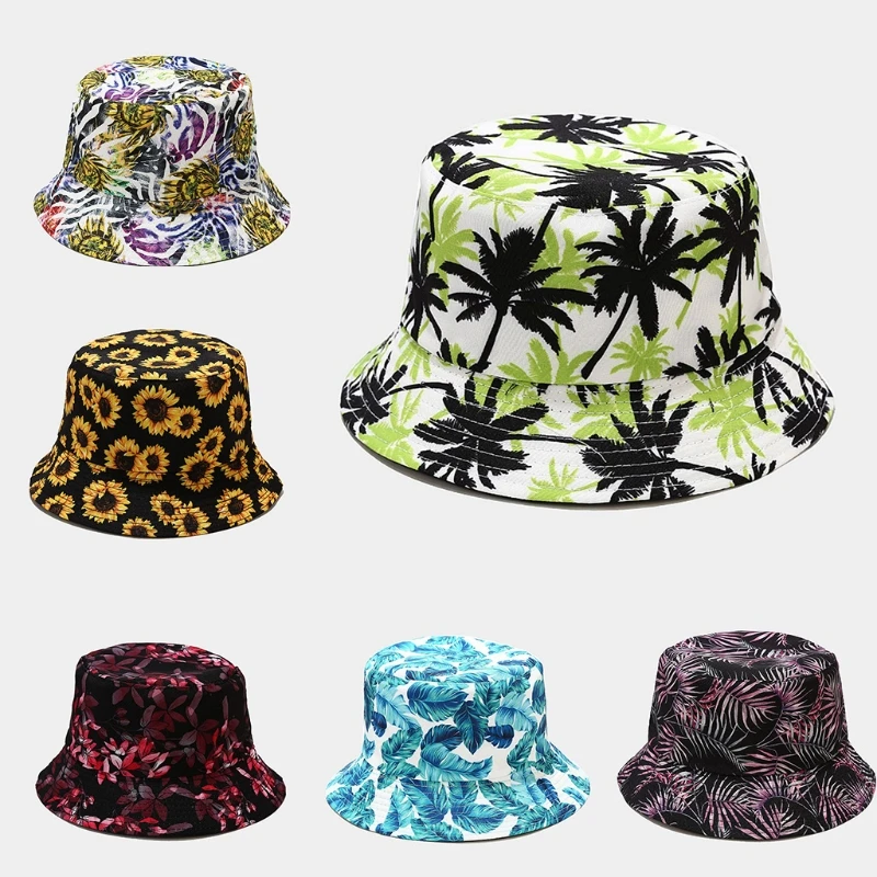 

Unisex Tropical Leaves Print Bucket Hat Sunscreen Cotton Panama Fisherman
