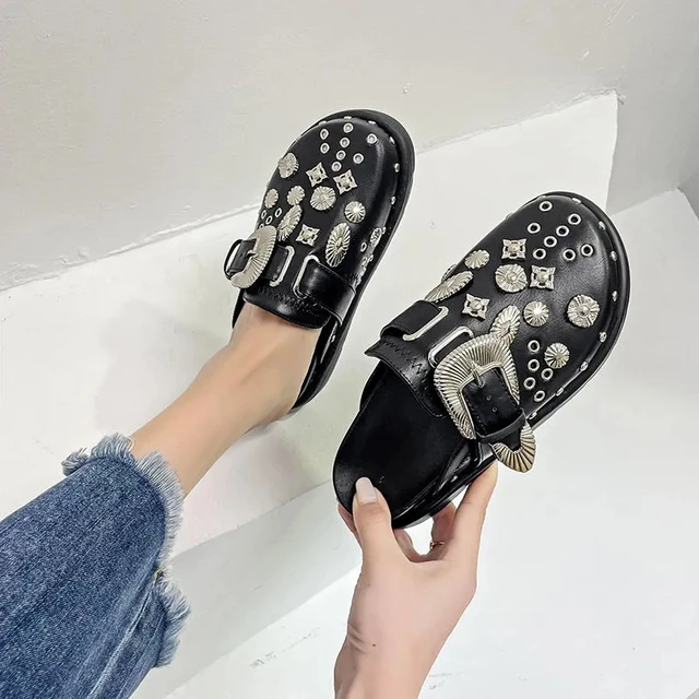 Summer Women Slippers Platform Rivets Punk Rock Leather Mules Creative Metal Fittings Casual Party Shoes Female Outdoor Slides 3