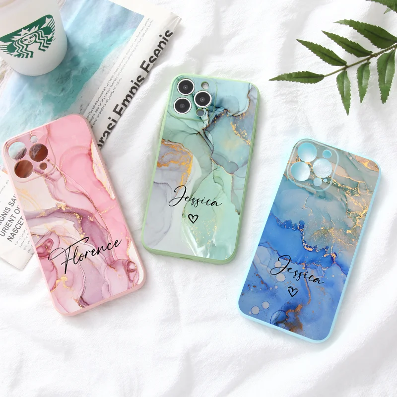 

Customize Name Marble Pink Blue Case For iPhone 14 13 12 11 Pro Max X XR XS 7 8 Plus Mini Personalized Silicone Soft Phone Cover