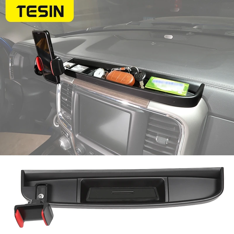 

TESIN Car Dashboard GPS Stand Bracket Mobile Phone Holder Storage Box for Dodge RAM 2010-2017 Interior Accessories Car Styling