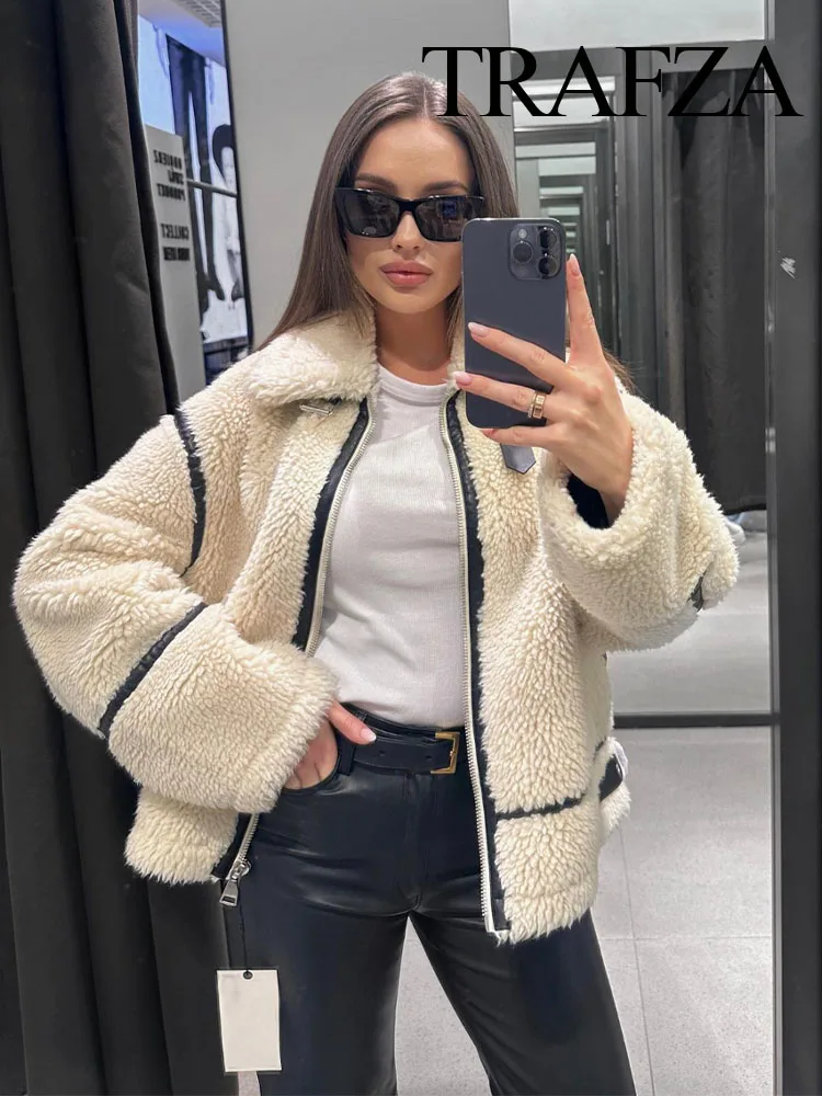 

TRAFZA Woman's Streetwear Style Jacket White Turn-Down Collar Long Sleeve Pocket Zipper Winter Fashion Chic Thick Coat For Woman
