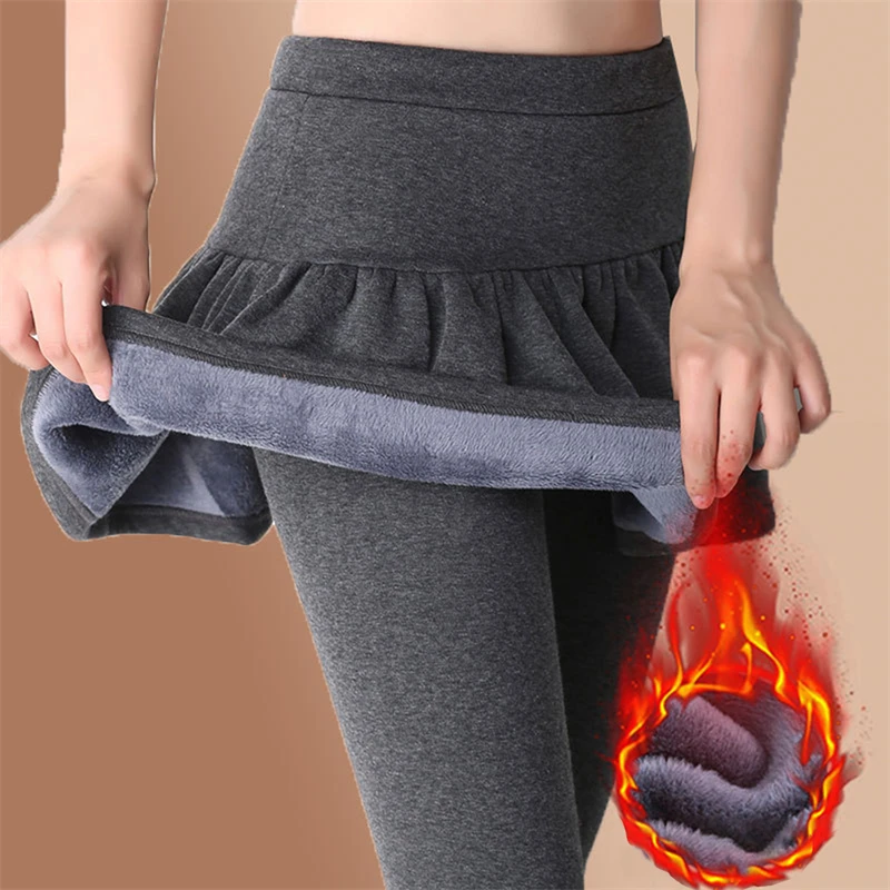 

Autumn Winter Thicken Elastic Leggings Femme Slimming Fake Two Skirt Pants Thermal Legging for High Waist Stretch Tight Pants