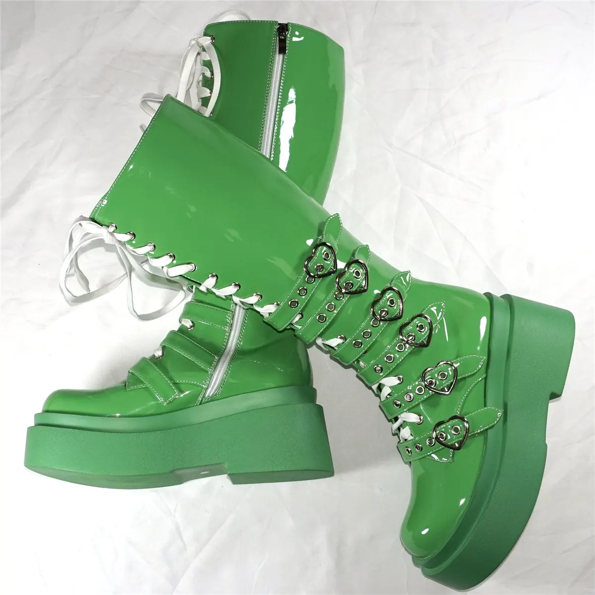 Platform Pumps Shoes Women Green Patent Leather Wedges High Heel Thigh High Boots Female Round Toe Fashion Sneakers Casual Shoes