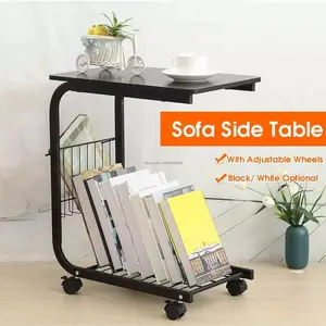 Metal Side Table C-Shape Laptop Desk Coffee Tea Table Living Room Storage Rack Movable Sofa Bed Side Tables with Lockable Wheels