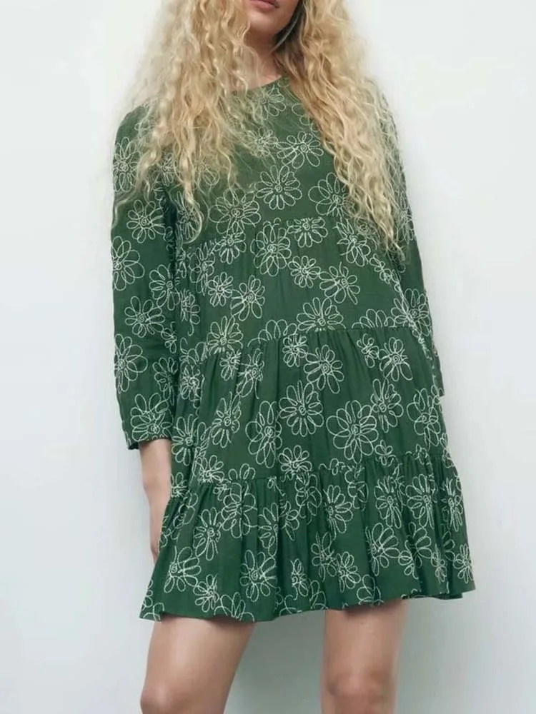 

Kumsvag 2022 Summer Women Vintage Mini Dress Long Sleeve Floral Embroidery O-Neck Female Elegant Street Loose Dresses Vestidos