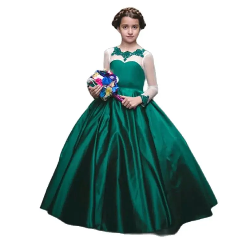 

Green Ball Gown Appliques Long Aline Princess Flower Girl Dresses Birthday Pageant Communion Robe De Demoiselle Wedding Party