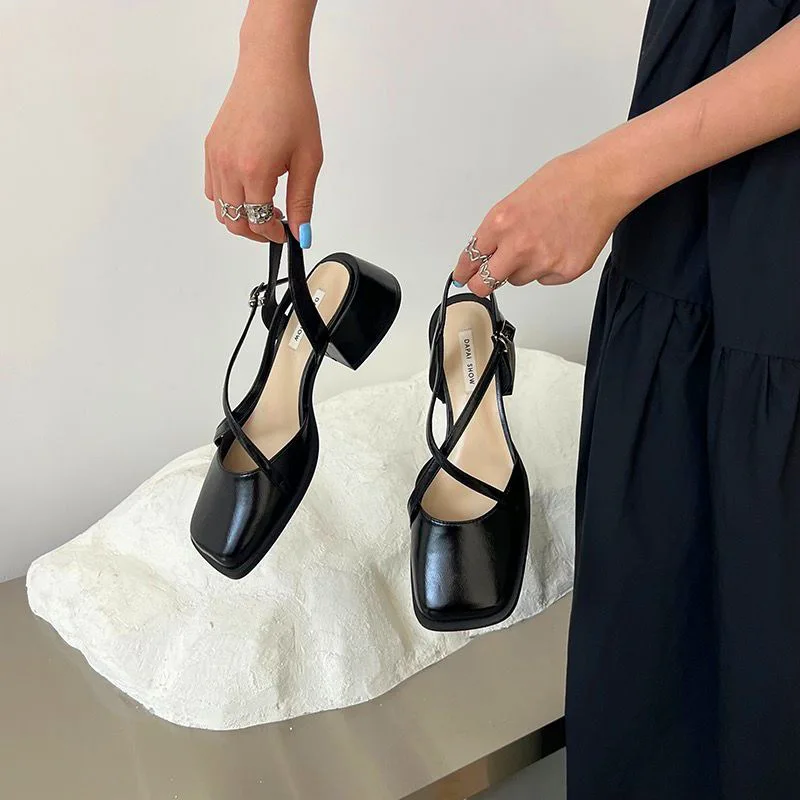 

Silver Mary Jane Shoes Women's Summer High-heeled French Sandals Square Toe Cross Toe Back Empty Single Shoes Women