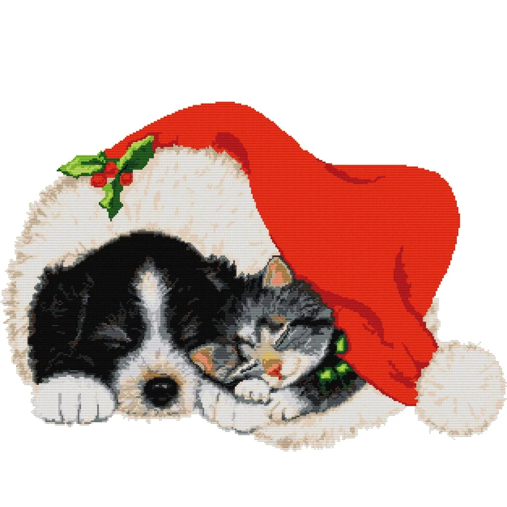 Набор для вышивки крестом Joy Sunday Рождественский щенок и котенок Печатные узоры 16CT